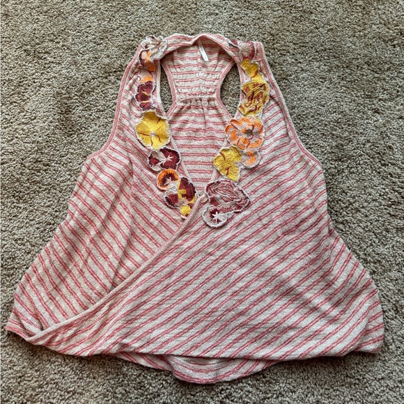 Free People Tops - Free People Pink Striped Tank with Floral Embroidery Size Small